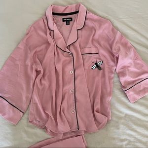 Pink Satin Wide Leg Pajama Set with Rhinestone Bee